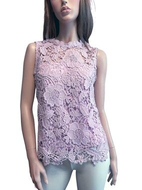 Nanette Lepore Fancy Blouse Embroidered Lace Lavender Sleeveless Bow Tie Detail